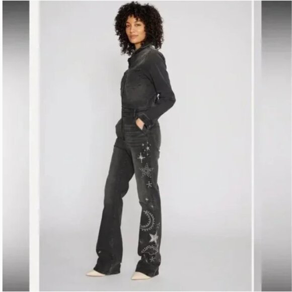 NWT Free People x Driftwood Celestial Black Denim Jumpsuit Studded Embroidery XS - Picture 2 of 14